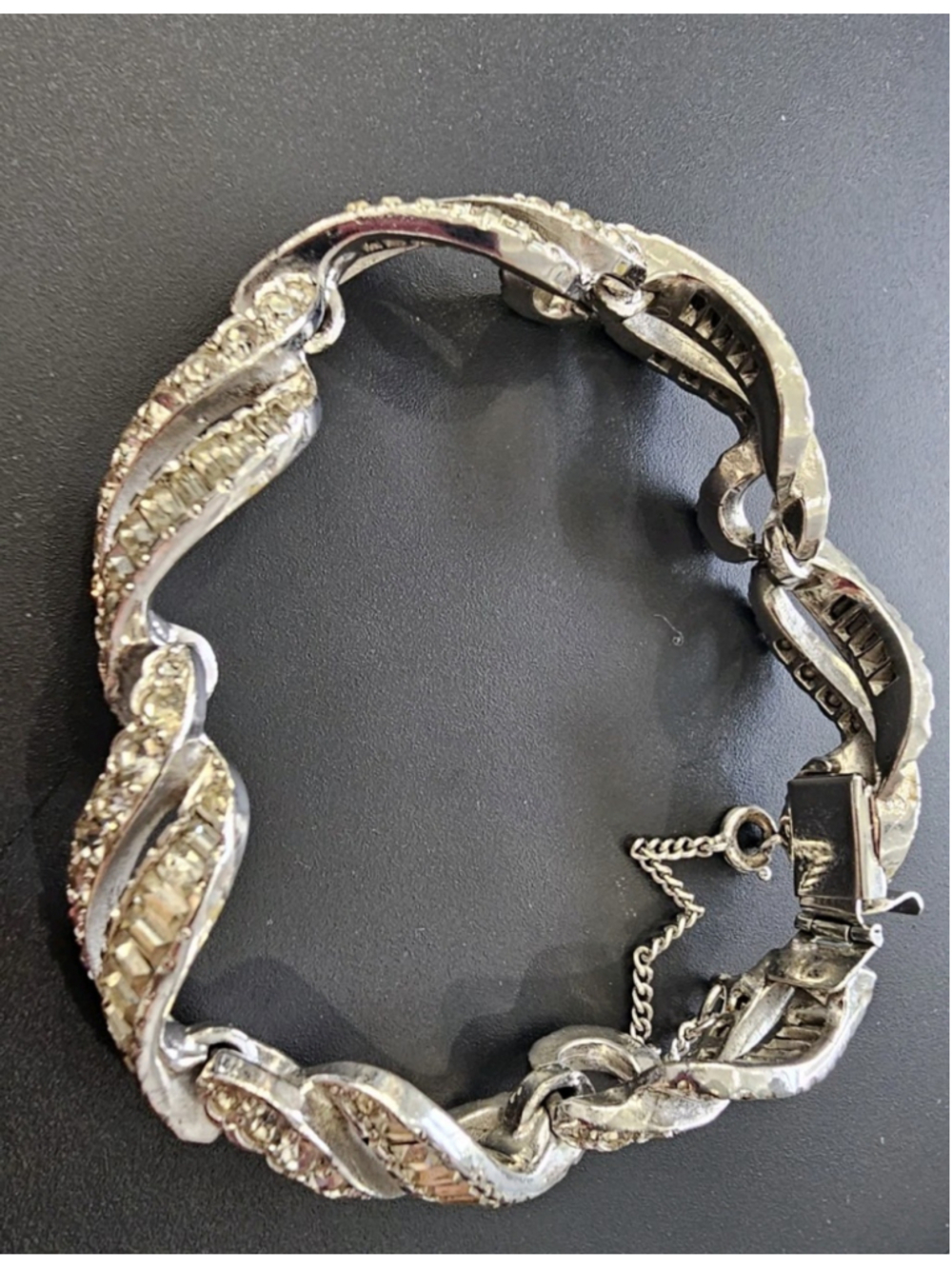 Vintage Baguette Rhinestone Bracelet Scrolled Ribbon Design, 1950s